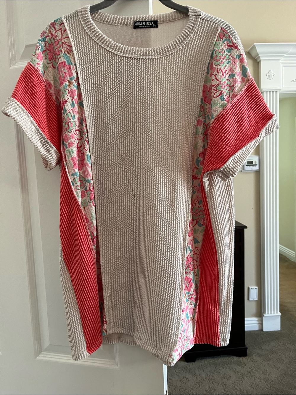 HEIMISH USA Beige Knit Top with Coral Panels & Floral Trim